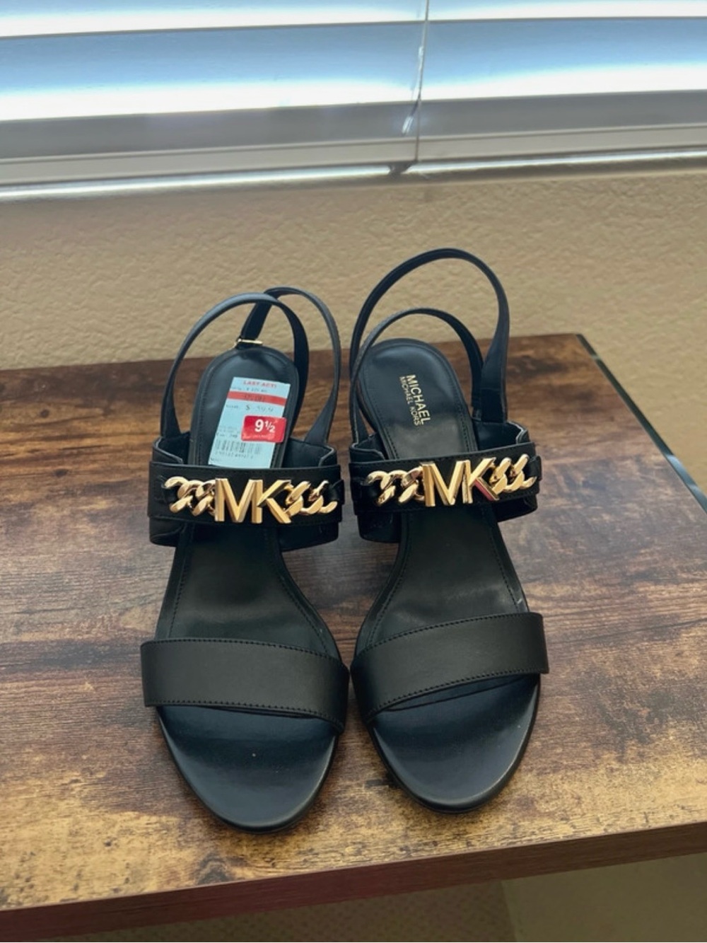 Michael Kors Black Leather Slingback Sandals with Gold MK Chain